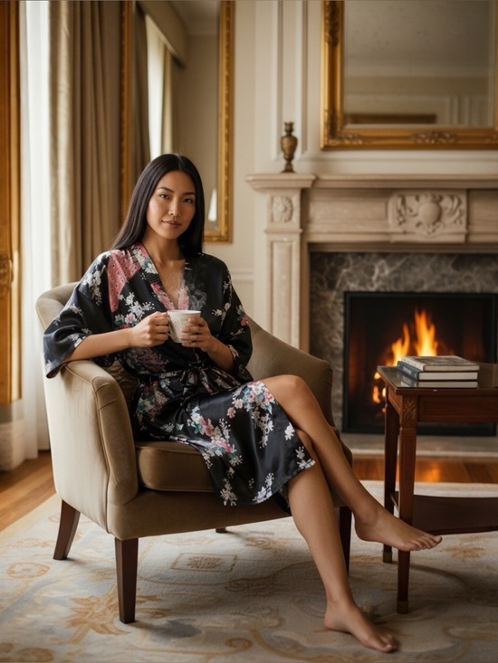 Tangyihui Other - TANGYIHUI SILKY SATIN BLACK FLORAL PEACOCK ROBE WITH MATCHING BELT SIZE XXL